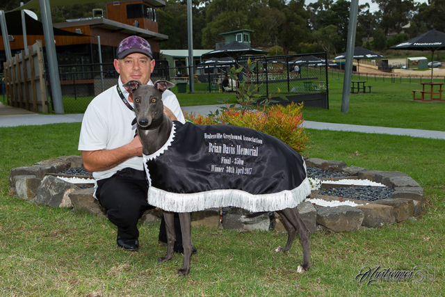 Pat Me Again with her trainer Don Jarvis after winning the Brian Davis Memorial